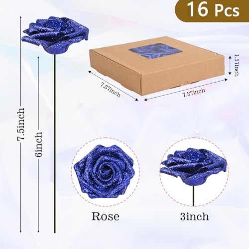 BLEUM CADE 16Pcs Artificial Flowers Glitter Roses with Stems for Wedding