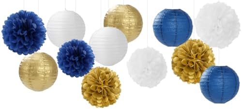 Navy-Blue Gold Party-Decorations Paper-Flowers Lanterns - 15PCS Royal White Baby Bridal Shower Tissue Pom Poms Streamers, Bachelorette Birthday Wedding Graduation Hanging Supplies Decor Hugfond