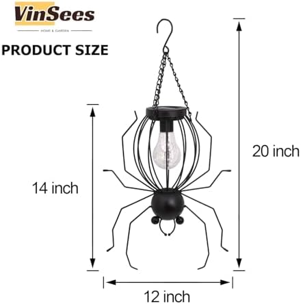 20 Inch Halloween Spider Solar Outdoor Lanterns, Metal Waterproof Hanging LED Lights for Outside Yard Garden Patio Pathway Tree.