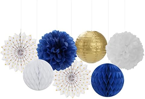Navy-Blue White Gold Party Decorations - 14pcs Kits Paper Lanterns Fan,Tissue Flower Pom Poms Streamers,Honeycomb Balls,Graduation 2026 Men Birthday Wedding Baby Bridal Shower Decor Lasting Surprise