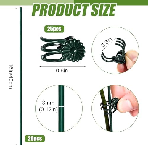 20Pcs 16" Green Plant Stakes with 20 Adjustable Reusable Clips, Bendable Tall Sticks, Support Heavy Orchid Rose Peony Single Stem Flowers for Indoor Outdoor Potted Plants