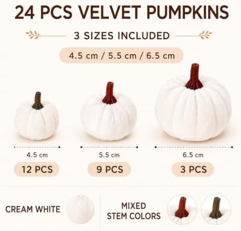 Weysat 24 Pcs Beige Velvet Pumpkins Fall Thanksgiving Decor, Assorted Size