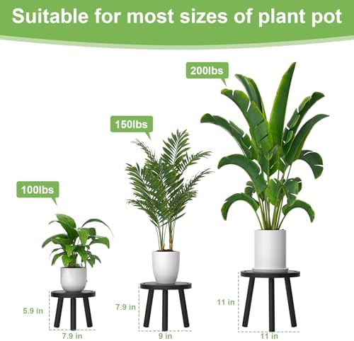 3-Pack Wood Plant Stands Indoor, Single Plant Stand for 6-12 Inch Pots, Mid-Century Modern Plant Stool, Tall Plant Stand for Large Plants for Living Room, Balcony, Office (Black)