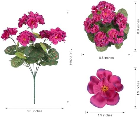 Artificial Geranium Fake Flowers for Outdoors Decoration, 6 Bundles Silk Geraniums Flower UV Resistant Look Real Faux Plants for Outside Planter Front Door Garden Patio Balcony Yard Home, Fuchsia