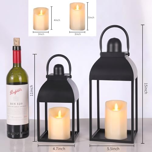 Lanterns Decorative Indoor 15" 11" Set of 2 Black Metal Lantern with Candle