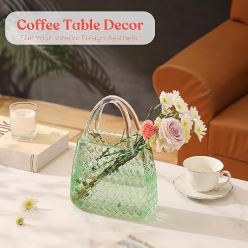 Glass Purse Vase, Green Purse Vase for Flowers, 12 Inch Glass Bag Vase, Large Flower Vases with Embossed Pattern for Wedding, Living Room, Bedroom, Table, Office(Round)