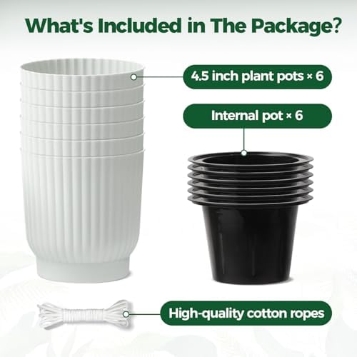 T4U Self Watering Pots for Indoor Plants, 4.5 Inch 6 Pack Planter White