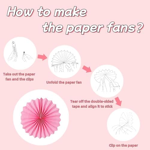 Pink Hanging Paper Fans, 12 Pieces Hanging Party Decorations Round Pattern Paper Garlands for Girl's Women Birthday Party, Wedding, Brial Shower