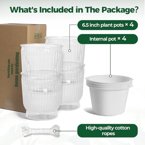 T4U Self Watering Pots for Indoor Plants 6 Inch 4 Pack Planter Clear