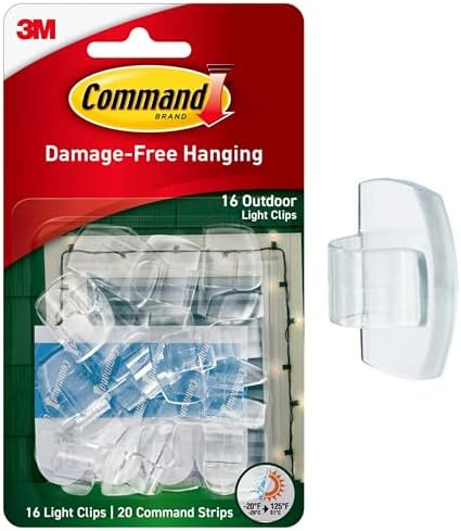 Command Damage Free Hanging Light Clips with Adhesive Strips, No Tools Mini Wall Hooks for Hanging Decorations in Living Spaces, 16 Clips, 20 Strips