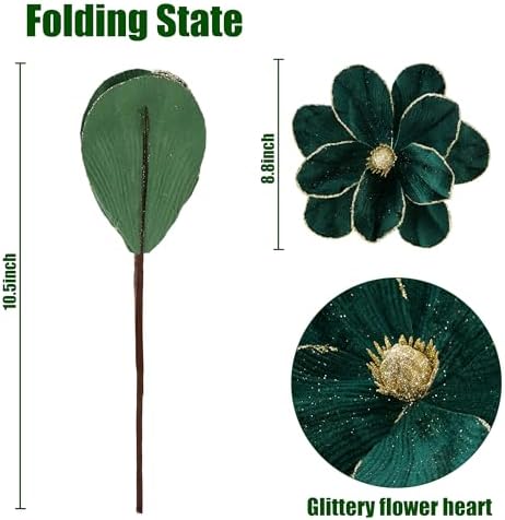 Sggvecsy 10Pcs Christmas Glitter Flowers Velvet Magnolia Flower Christmas Tree Ornaments Artificial Poinsettia Floral Picks for Xmas Wedding DIY Crafts Wreath Party Floral Decorations(Green)