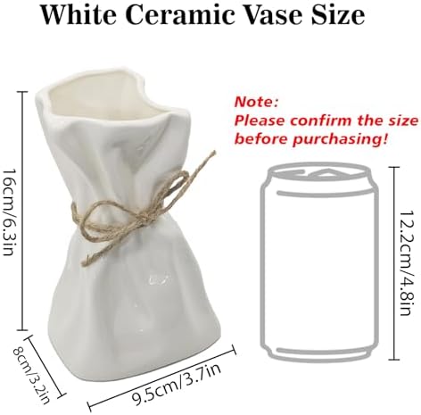 FOWSEEK 6IN White Ceramic Vase, Irregular Flower Vase Modern Art Decorative Vases for Flowers, Unique Paper Bag Vases for Home Office Centerpieces Entryway Bookshelf Living Room Table Decor
