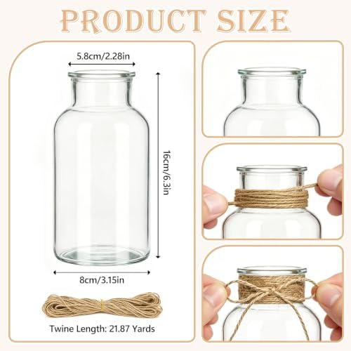 Glass Flower Vase,12 PCS Farmhouse Mason Jar for Centerpiece