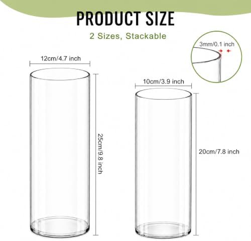 Olrla Clear Cylinder Flower Vase, Set of 2, Shatterproof