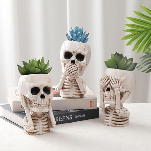 JOYO Halloween Planter Pot Decor - Skeleton Flower Planter Pot,Pumpkin Bucket Vase,Cute Skull Bucket Vase,Skull Candy Bowl Gothic Ornaments for Home Indoor Outdoor Garden (03 Cute Skull)