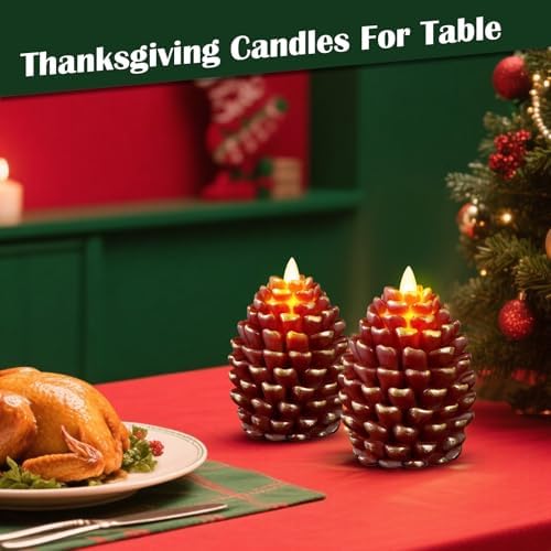Christmas Pinecone Candles Flameless Thanksgiving Decor,Red-Brown