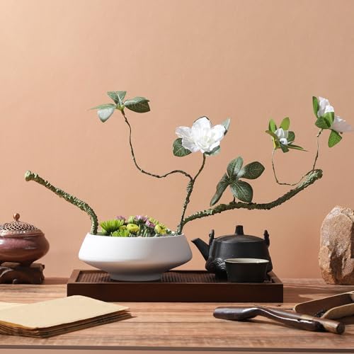 Ikebana Vase with Flower Frog White Ceramic Bowl Vases with Brass Stem Holder & Kenzan Straightener Japanese Floral Art Supplies Decorative Arrangement Pot for Home