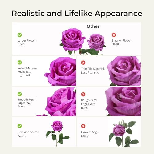 Auihiay 60PCS Artificial Roses, Magenta Roses, Velvet Silk Roses