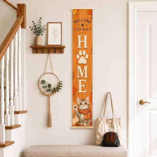 Fall Cat Welcome to Our Home Porch Door Banner Wall Decorations 8x47