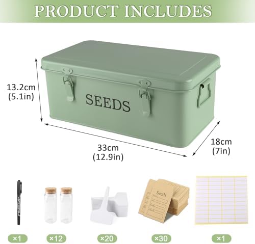 Seed Storage Organizer, 4 Compartment Seed Storage Box with Safety Lock, Metal Seed Box Seed Packet Container with 1 Pen, 12 Slots, 20 Plant Labels & 30 Seed Envelopes, Green Gardening Gift