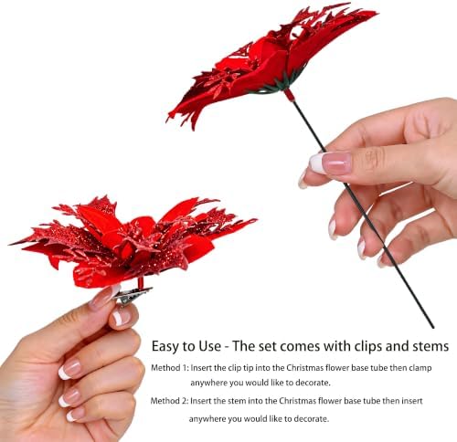 15PCS Artificial Christmas Poinsettia Flowers with Clips and Stems, 5.5 Inch Glitter Red Xmas Tree Decorations, Holiday Poinsettia Picks Ornaments for Christmas Tree, Wreaths, Garlands & Home