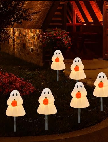 Halloween Ghost Pathway Lights, 7Ft Ghost Pathway Decoration Lights with 4 Clear C7 LED Bulbs, Ghost Pathway Extendable Pathway String Light for Halloween Holiday Outdoor Pathway Garden Walkway Decor