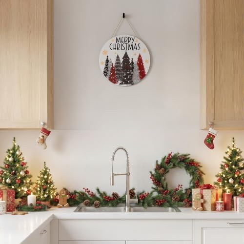 Smile Merry Christmas Round Door Sign White Wreath Trees Gold Glitter Decor