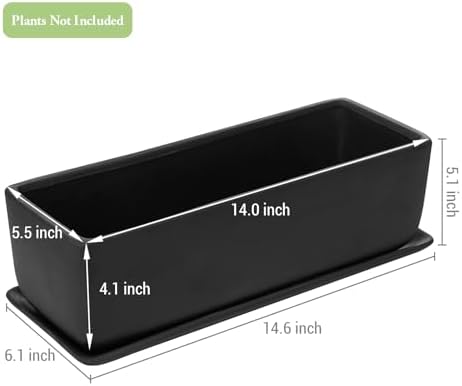 MyGift Matte Black Ceramic Indoor Plant Pot Succulent Planter, Decorative Flower Planter with Drainage Hole and Removable Tray (14 inch - 2 Pack)