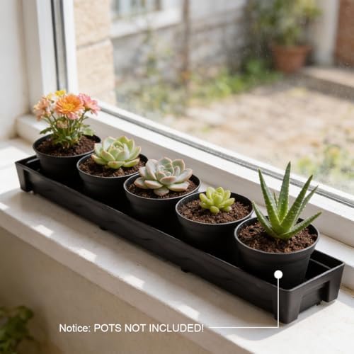 RooTrimmer 5 Pack Plastic Plant Saucer (17"x3"x1.5"), Rectangular Window Sill Plant Pot Trays with Removable Drainage Hole, Thick Windowsill Saucer Tray for 2.8 inch (7CM) Flower Nursery Pots (Black)