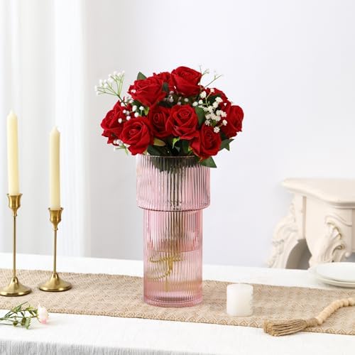 Large Pink Glass Vase, 12 Inches Tall Fluted Vase for Flowers, Modern Torch-Shaped Flower Vase with Ribbed Texture for Living Room, Dining Table, Office, Entryway, Mantle, Shelf, Wedding Gifts