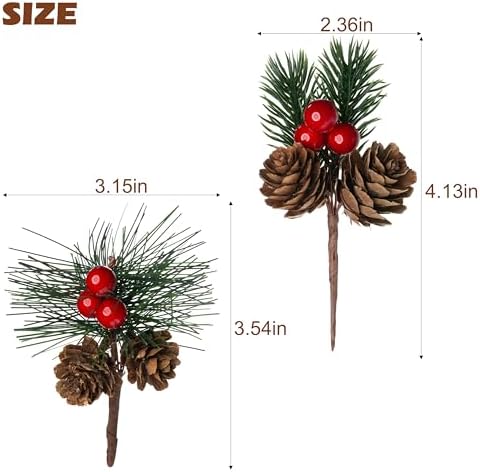 24 PCS Artificial Pine Picks with Pine Needles Branches & Red Berry Stems - 3.15'' Small Fake Berries Pinecones for Crafts, Christmas Tree DIY, Holiday Wreath Decor