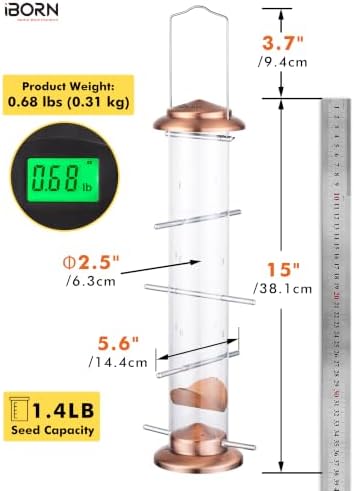 iBorn Nyjer & Thistle Bird Feeder for Outdoors Hanging，Finch Feeders for Outside，Metal Tube Bird Feeder 15 Inch with 12 Small Ports,8 Metal Perches,Copper-Plating