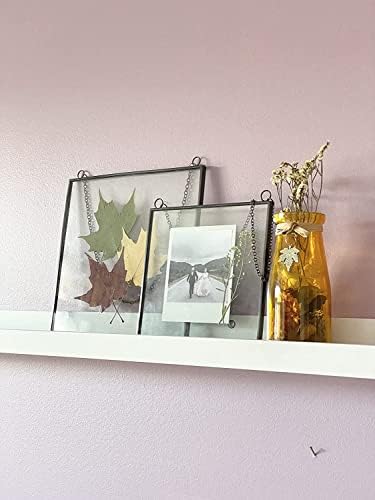 Glass Frame for Pressed Flowers, Leaf and Artwork - 8x8 Black Hanging Square Metal Picture Frames, Clear Double Glass Floating Frame, Wall Decor Photo Display, Set of 2 Flower Press Frames with Chain