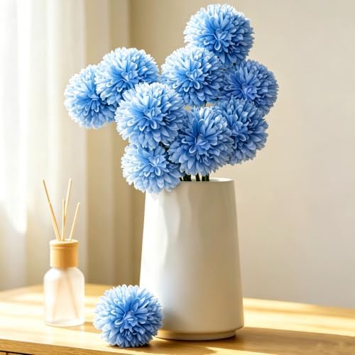 36 Pcs Artificial Chrysanthemums Flowers Sky Blue Fake Silk Flowers Bouquet