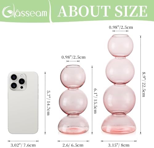 Glasseam Pink Glass Bubble Vase, Cute Ball Bud Vase for Single Stem Flower