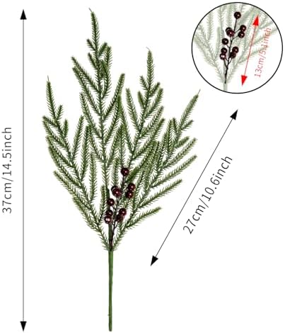 Norfolk Pine Branches Red Berry Stems 17" Artificial Christmas Greenery Picks Fake Pine Needles with Holly Berries for Xmas Tree Filler Decorations Festival Holiday Vase DIY Garland Craft (8, Green)