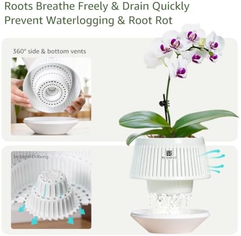 Orchid Pots with Holes for Repotting, Decorative African Violet Pots with Air-Pruning and Good Air Circulation, Plastic White Orchid Planter with Saucers, 5 Inch, Set of 2