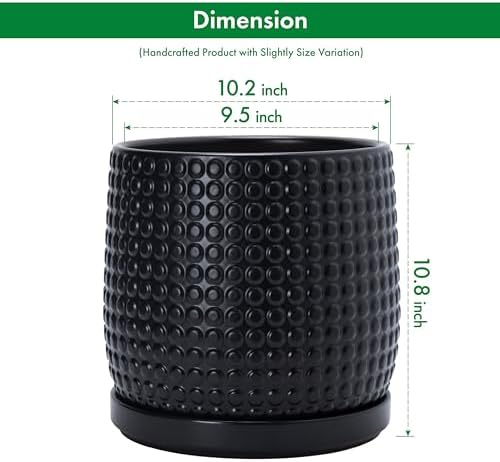 D'vine Dev Beaded Ceramic Pot with Saucer, 10 in, Ebony Matte, 27-C-P-6