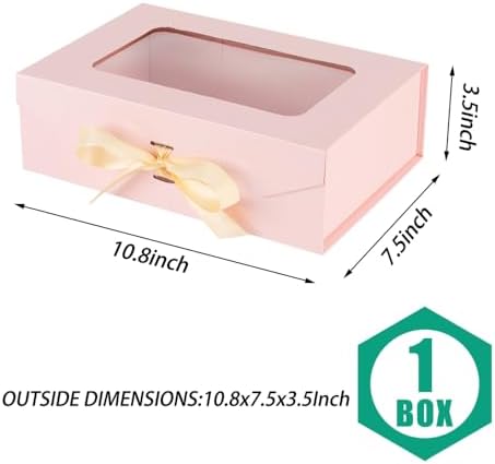 Pink Gift Box for Presents with Ribbon 10.8x7.5x3.5 Inches Clear Gift Box with Window Magnetic Closure Gift Boxes with Lids