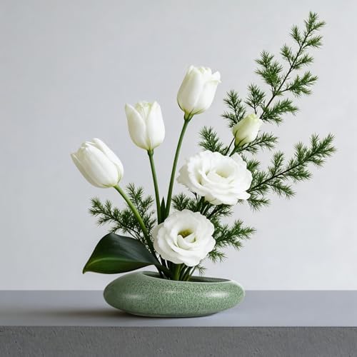 Flower Frog Vase Kit, Ikebana Flower Arrangement Ceramic Water Drop Flower Pot Flower Frog Flower Arrangement Vase Kit (Green Small Size)