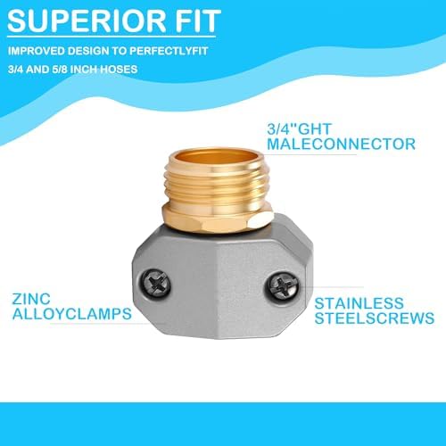 Hourleey Garden Hose Repair Fittings, Aluminum Male Coupling Menders with Zinc Clamps, Water Hose End Repair Connector for 3/4 Inch and 5/8 Inch, 2 Pack