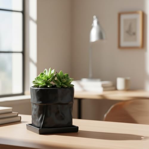 Nihow 6 Inch Ceramic Plant Pot with Drainage & Square Saucer,Black