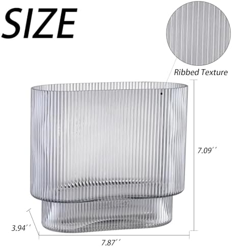 Ribbed Glass Vase, Black Glass Vase, Fluted Short Vases for Flowers, Modern Vases for Living Room, Dining Room, Bathroom, Desk, Shelf, Wedding, Office, 7 Inches
