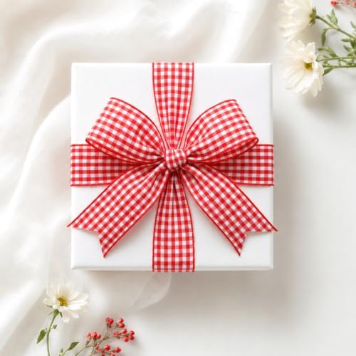 KINGLAKE Red Gingham Ribbon - 1'' x 25 Yds Red Plaid Ribbon