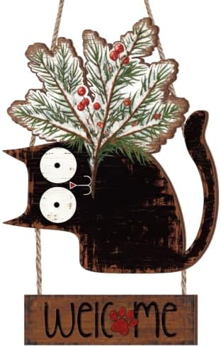 Yookeer Christmas Door Decorations Cat Snow Pine Branches Welcome Door Sign Hanger Wreath Wooden Christmas Cat Farmouse Rustic Wreath Hanging Decor for Xmas Home Porch Window Wall