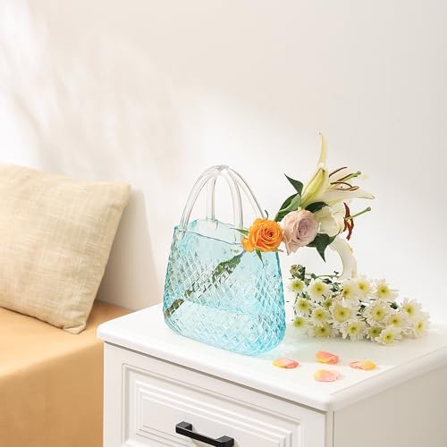 Purse Vase, Glass Bag Vase, Glass Purse Vase for Flowers, Blue Glass Vase, 12 Inch Large Flower Vase with Embossed Pattern for Wedding, Living Room, Bedroom, Table, Office(Round)