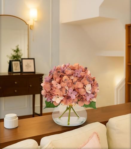 Hollyone Fall Hydrangea Artificial Flowers for Decoration with Glass Vase Dark Peach Autumn Silk Fake Flower Arrangements with Faux Water Table Centerpiece Vase with Flowers Fall Decorations for Home