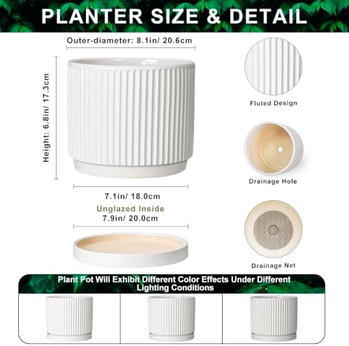8 Inch Pots for Plants, Ceramic Plant Pots with Saucer, White