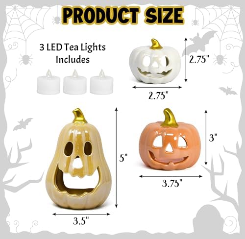 Halloween Ceramic Pumpkin Tea Light Holder Set of 3 Jack O Lanterns