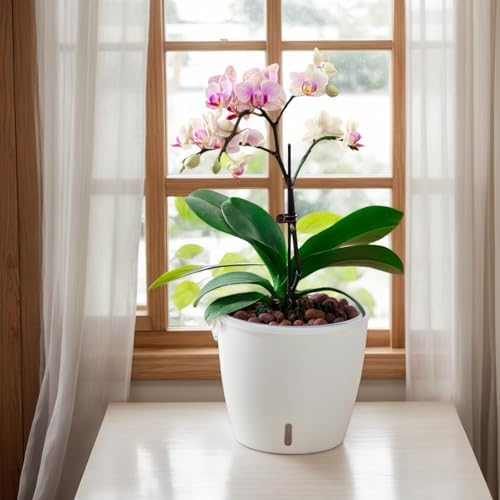 Self-Watering Pots for Indoor Plants, 8-Pack 6.7'' Self Watering Planter with Drainage Holes, Small African Violet Pots with Water Indicator, Clear Wick Pot, White